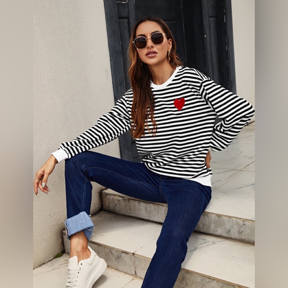 Striped Black and White Sweater with Red Heart Size L